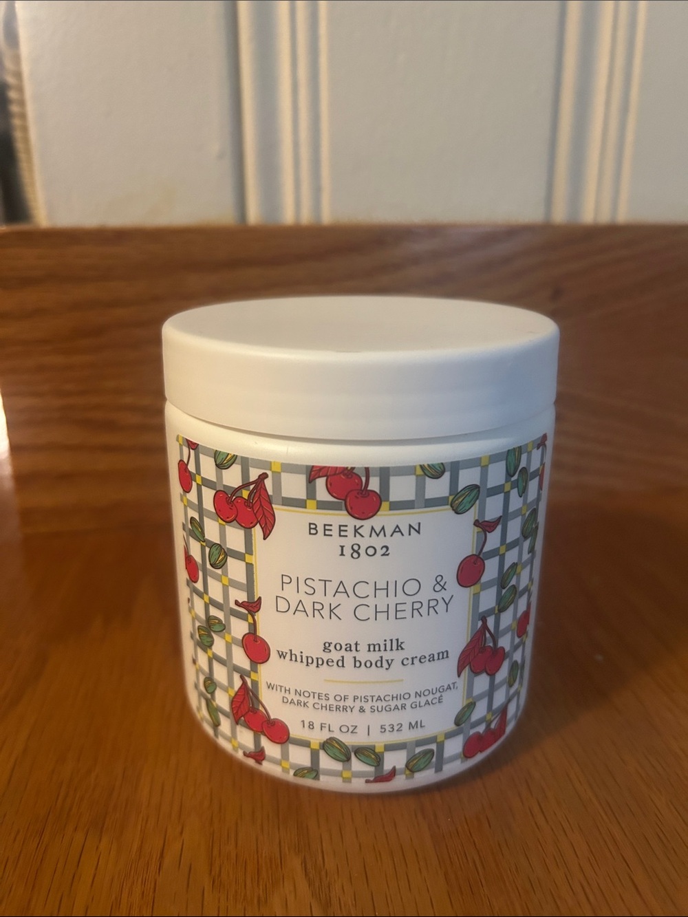 Large 18 oz Beekman 1802 Pistachio & Dark Cherry Goat Milk Whipped Body Cream